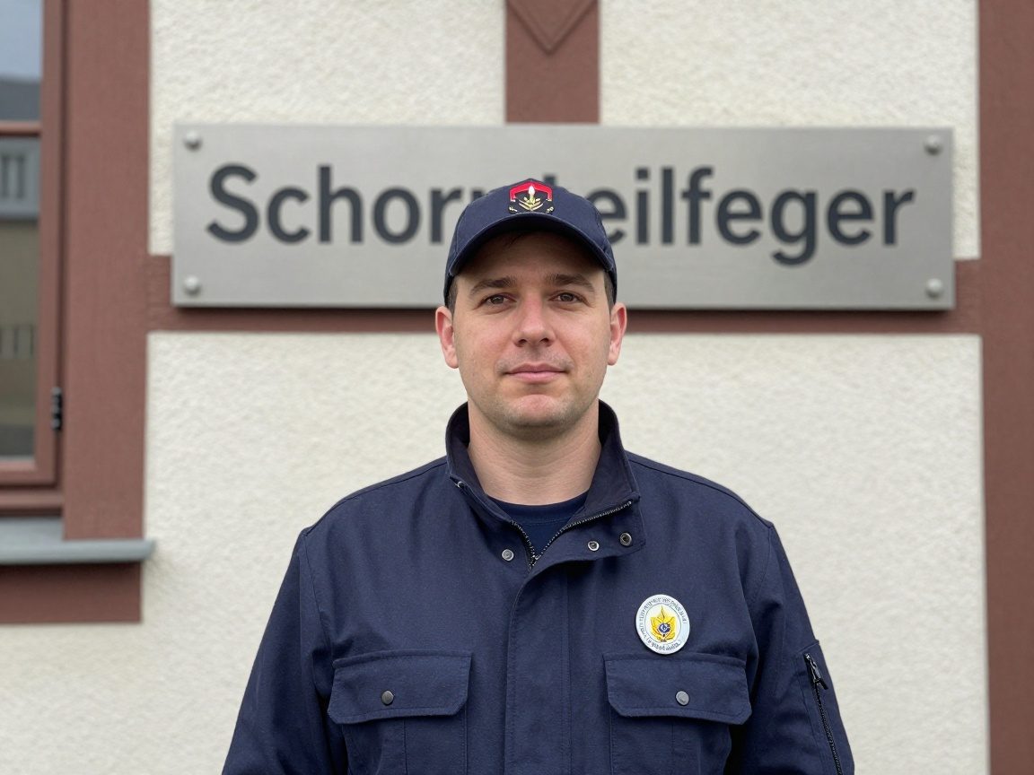 Zertifizierter Schornsteinfeger im Uniform steht vor einem deutschen Gebäude mit Plakette 'Schornsteinfeger', Fokus auf Gesicht und Abzeichen
