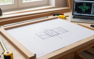 Schreineratelier mit großen Zeichenbrett, detaillierter technischen Zeichnung, Holzwerkzeugen und CAD-Computer