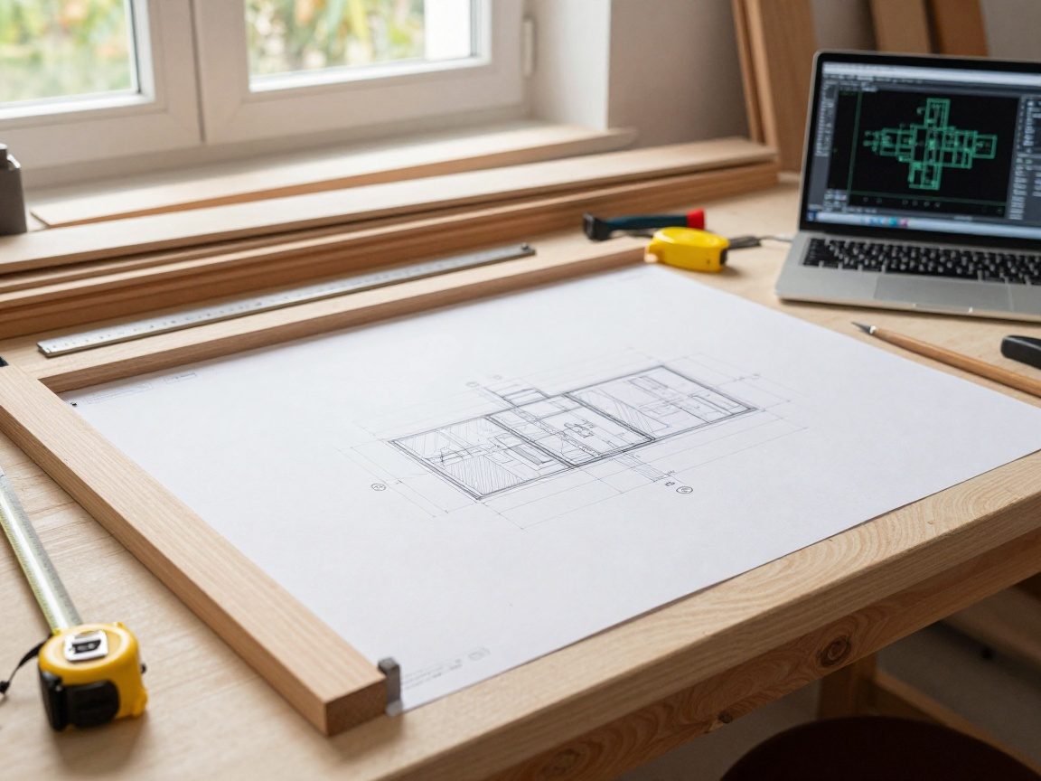 Schreineratelier mit großen Zeichenbrett, detaillierter technischen Zeichnung, Holzwerkzeugen und CAD-Computer