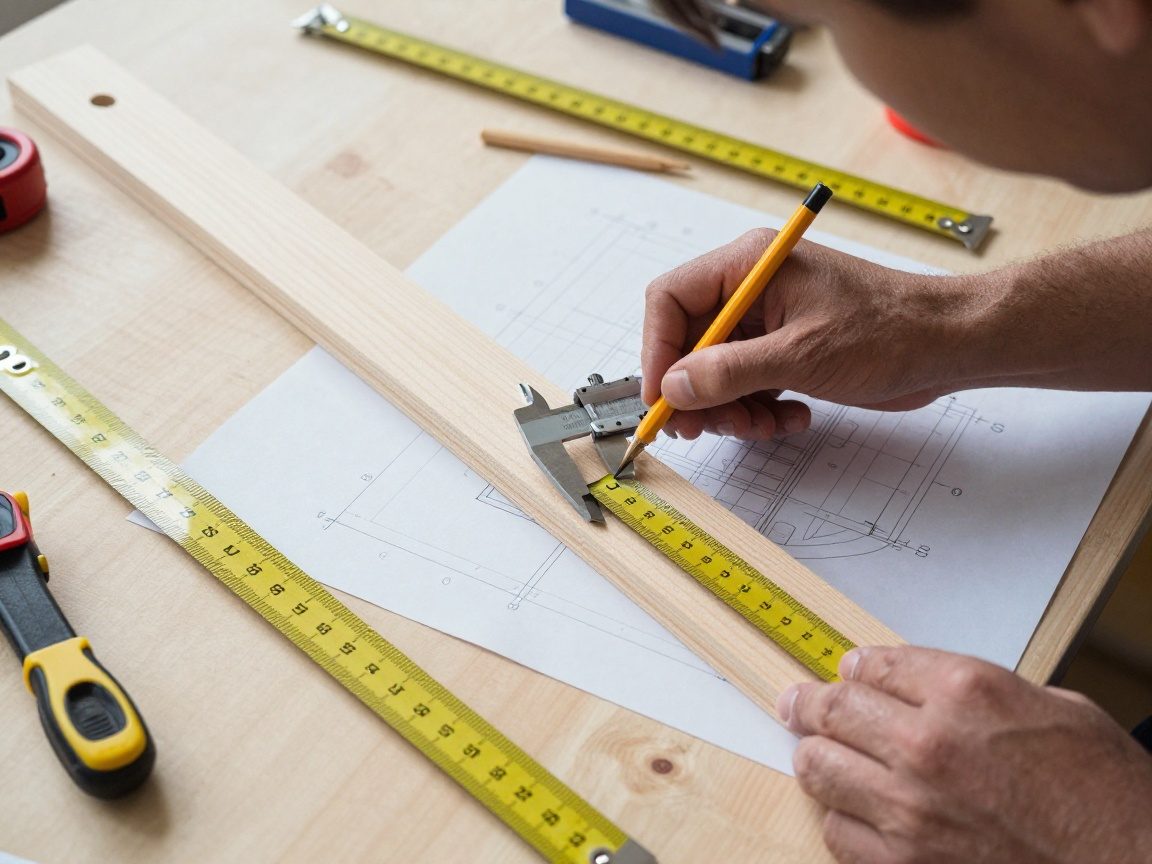 Ein Schreiner misst mit einem Messschieber ein Holzbrett, markiert es mit einem feinen Stift und arbeitet an einer technischen Skizze auf dem Tisch.