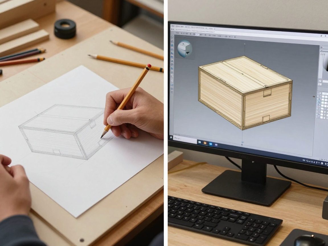 Linke Seite: Hand zeichnet mit Bleistift auf Papier; rechte Seite: Computerbildschirm zeigt 3D-CAD-Modell eines Holzbehälters in deutscher Werkstatt