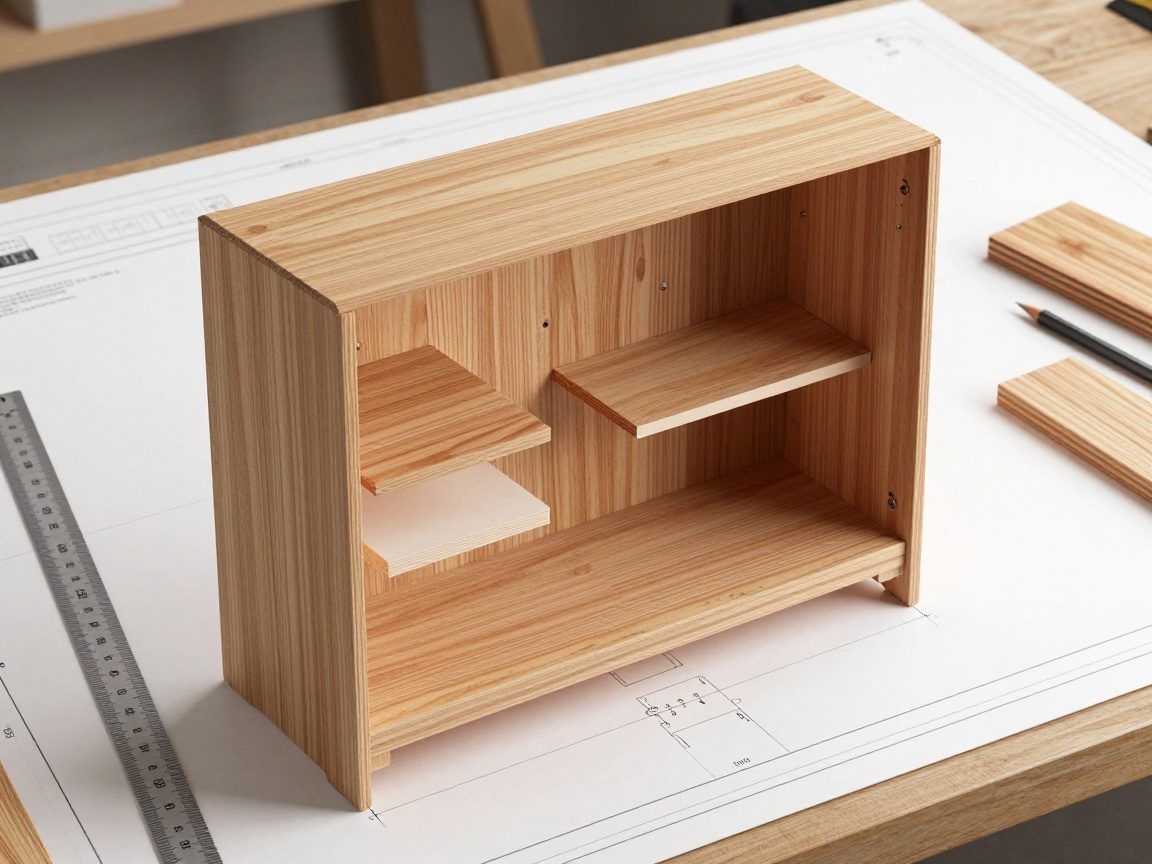 Photorealistisches Rendering einer explodierten Ansicht eines Holzschranks mit getrennten Bauteilen, auf einem Zeichenbrett mit Lineal und Holzstücken