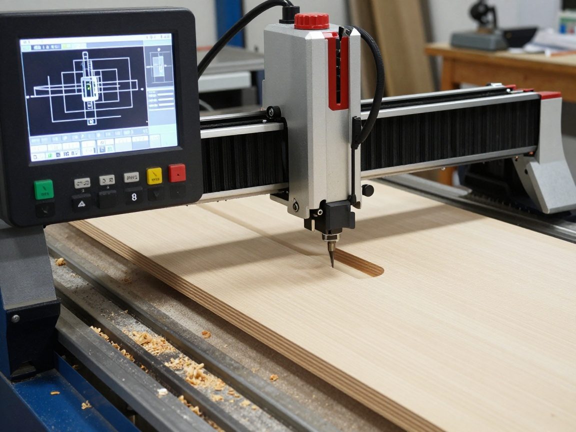 Nahaufnahme eines CNC-Routers, der ein Holzpanel schneidet und auf dem Bedienfeld eine technische Zeichnung anzeigt