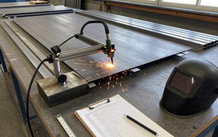 Plasma-Schneider schneidet Stahlblech in einer sauberen deutschen Schweißwerkstatt mit Messwerkzeugen und Sicherheitsausrüstung