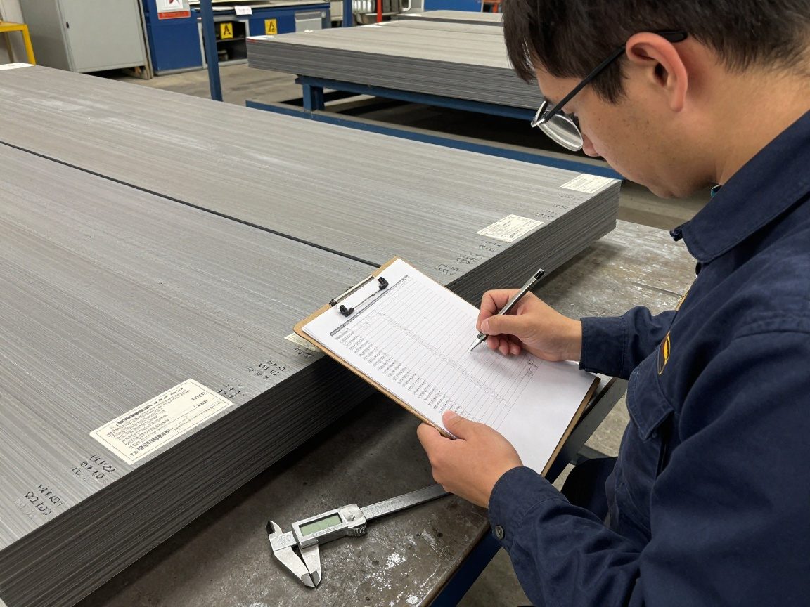 Schweißer prüft Stahlplatten mit Seriennummern, Zertifikatslabels und Messschieber in einer deutschen Werkstatt