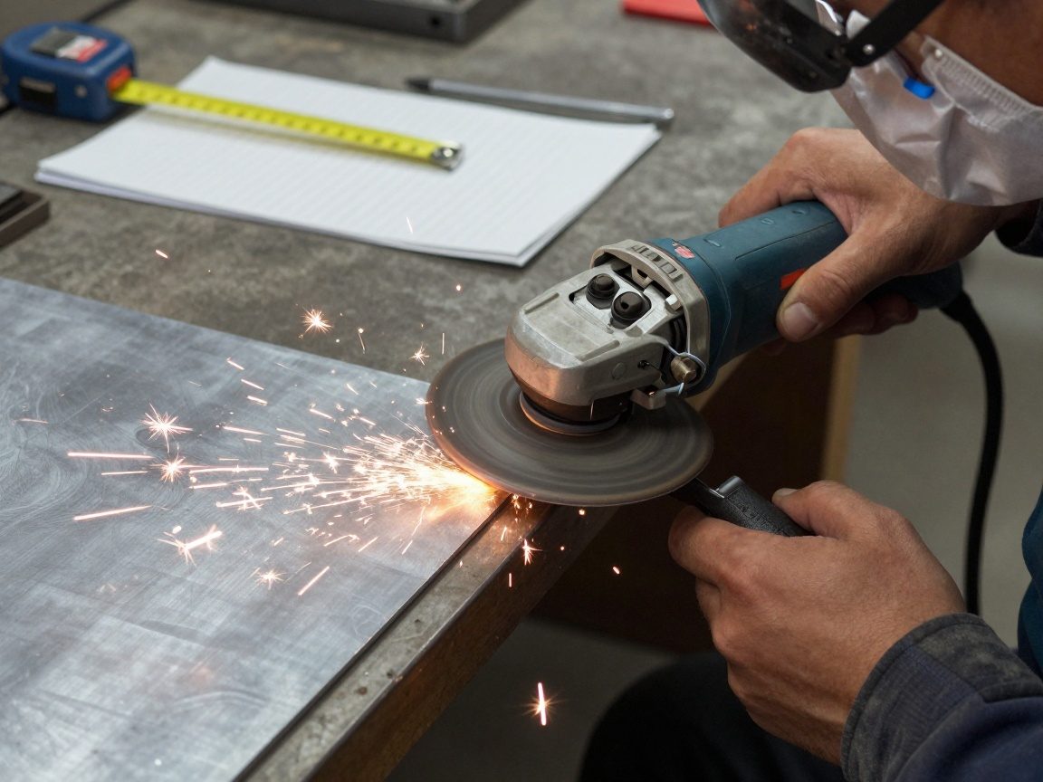 Handgeführte Schleifmaschine glättet die Kante eines Stahlblechs, Funken sprühen leicht; der Schweißer trägt eine Staubmaske auf einem Werkbank mit Messwerkzeug und Feile.