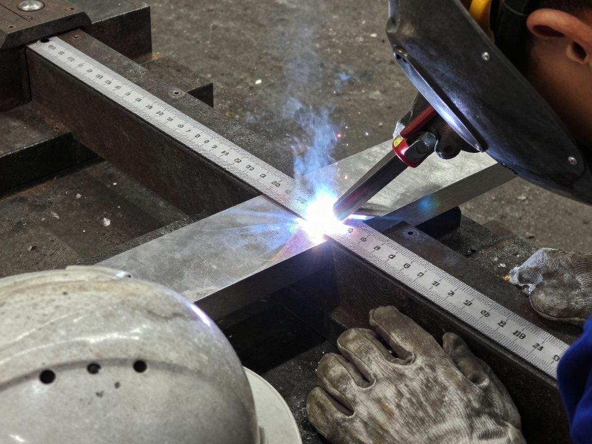 Zwei Stahlplatten werden auf einer Vorrichtung mit Handklammer festgehalten; ein Maßband zeigt den Abstand, während Schutzhelm und Handschuhe im Vordergrund sichtbar sind.