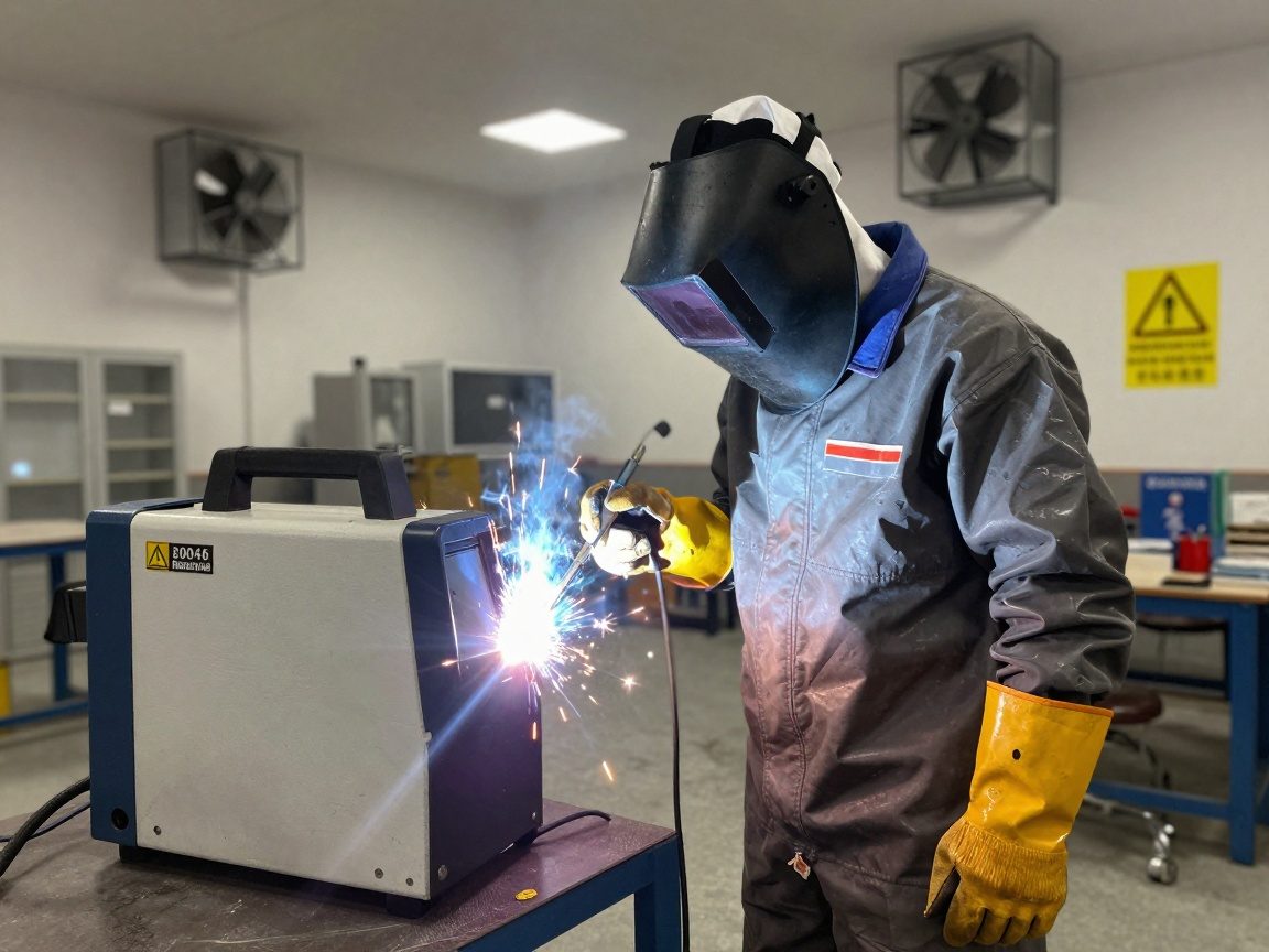 Schweißer in voller Schutzkleidung steht neben einer Schweißmaschine im gut beleuchteten Werkstattbereich mit Lüftungsventilatoren und Sicherheitszeichen