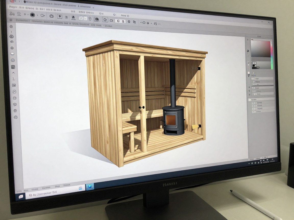 Computerbildschirm zeigt 3D-Modelle einer Saunakabinette mit Bänken und Ofen, realistische Beleuchtung, Stylus auf dem Schreibtisch