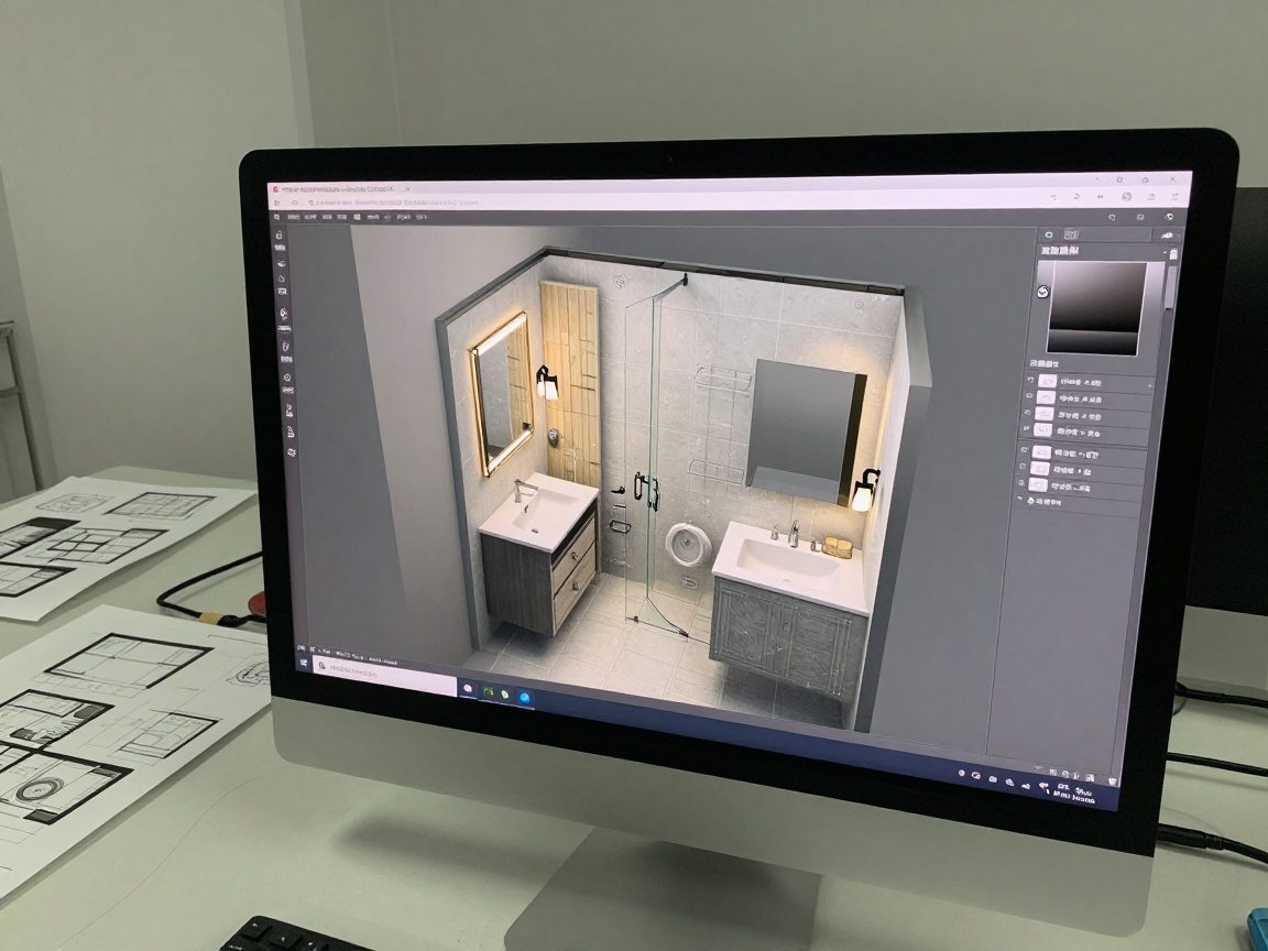Breitwinkelaufnahme eines Computerbildschirms mit realistischer 3D-Darstellung einer Badezimmeranordnung, umgeben von Skizzen und Modellen