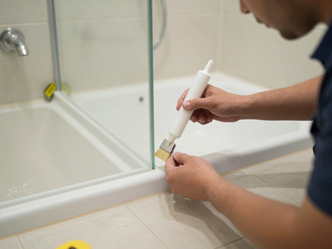 Ein Klempner trägt mit einem Pinsel und einer Silikongun präzise Silikon um die Kante einer Acryl-Duschtasse auf einem Fliesenboden an.