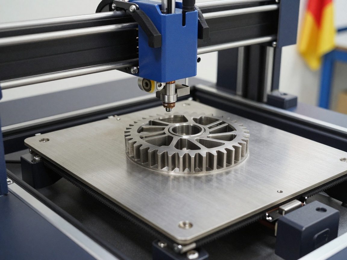 Industrie‑3D‑Printer druckt ein komplexes Metallrad mit inneren Kanälen, Arbeitsumfeld und deutschem Flaggenakzent im Hintergrund