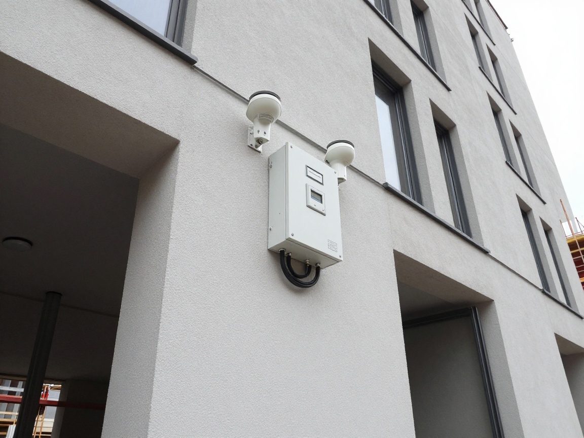 Neuer Alarmanlagen-Installationsbereich an einer deutschen Baustellenfassade mit Sensoren, Steuergerät und Verkabelung