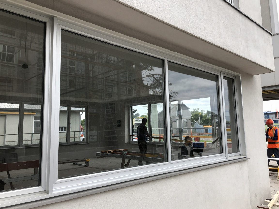Breiter Blick auf einen Aluminiumfensterrahmen, der an einer Glas- und Betonfassade in Deutschland installiert wird, mit Bauarbeitern im Hintergrund