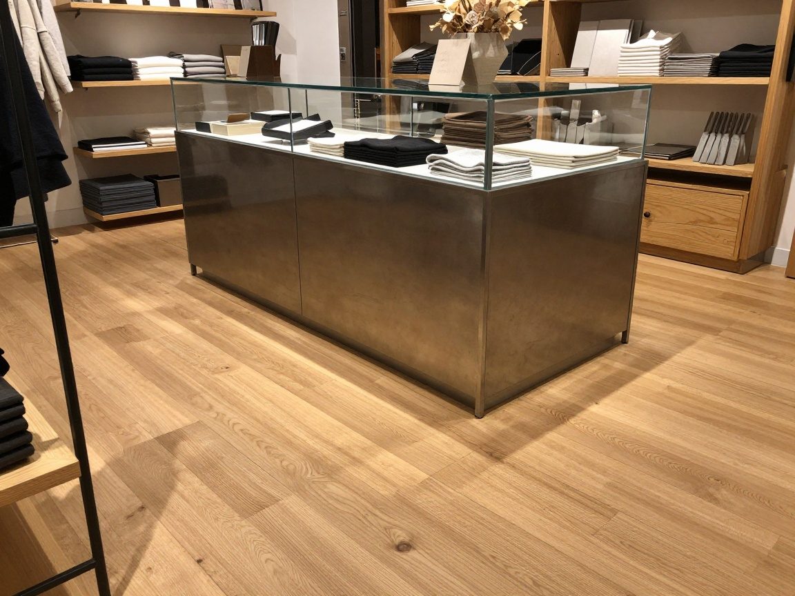 Innenansicht eines deutschen Boutique-Geschäfts mit warmen Holzböden, poliertem Metallcounter und Glasvitrinen, sanftes natürliches Licht betont die Materialauswahl