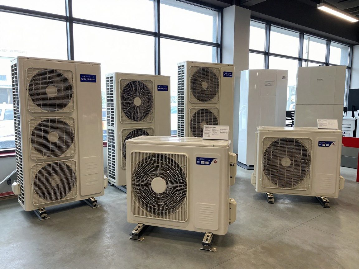 Innenansicht eines deutschen Showrooms mit Split-System-Klimaanlage, Wärmepumpe und Heizkessel auf Ständen, beleuchtet von Tageslicht