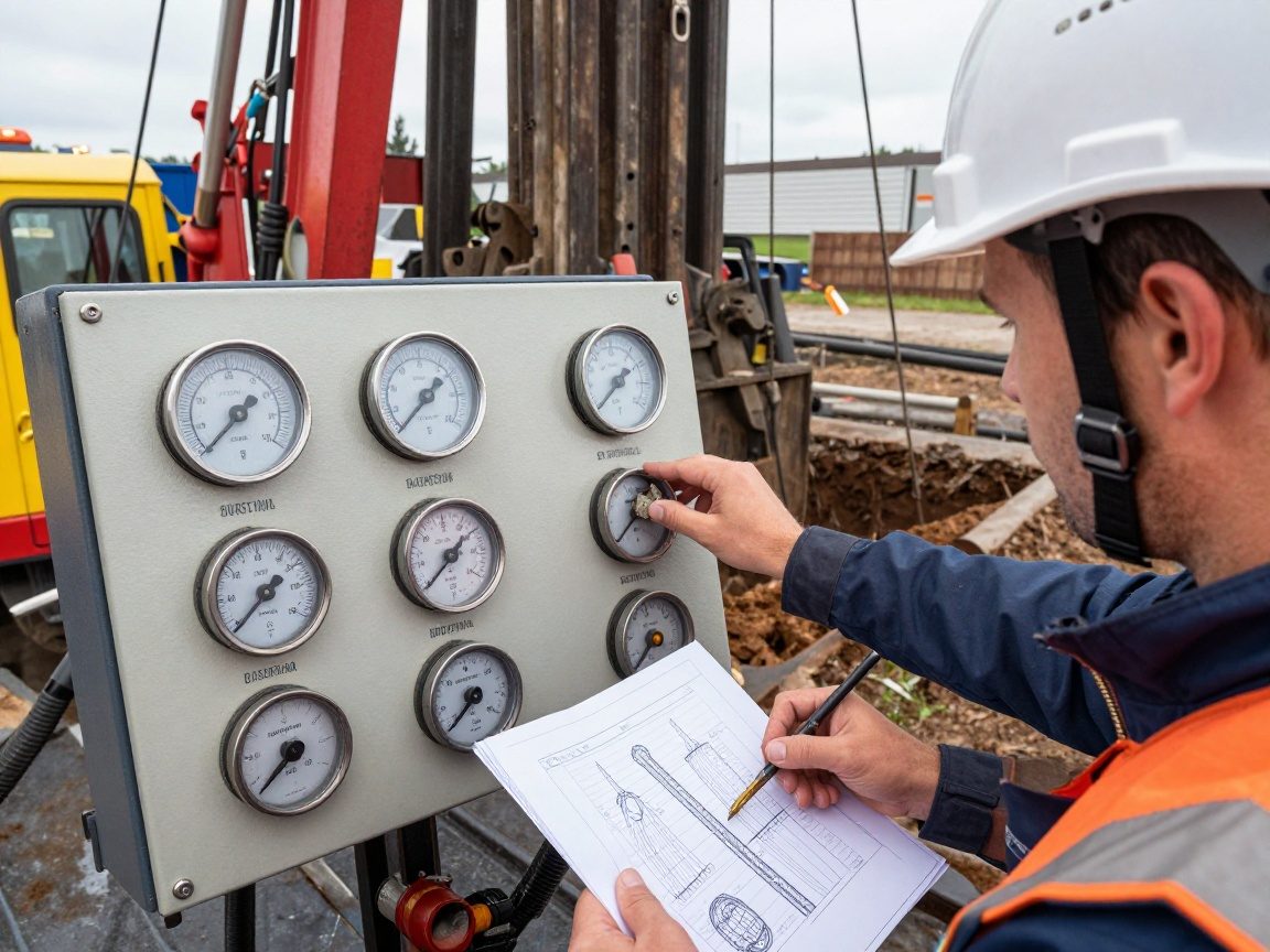 Detailansicht des Steuerpults einer Bohranlage mit Tiefen-, Druck- und Drehzahlanzeigen, ein Fachmann im Helm justiert die Einstellungen