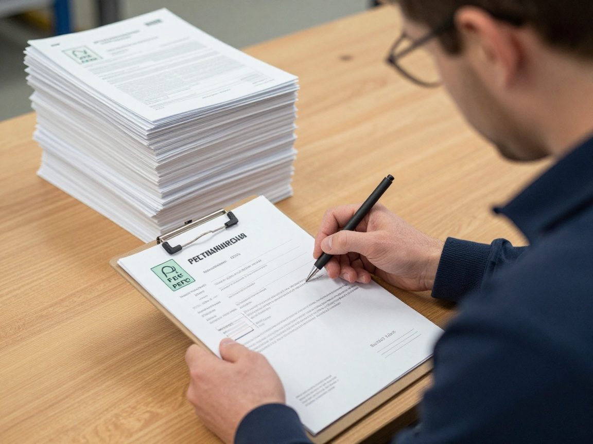 Sägewerksleiter überprüft FSC- und PEFC-Zertifikate auf einem Clipboard neben einem Holztisch