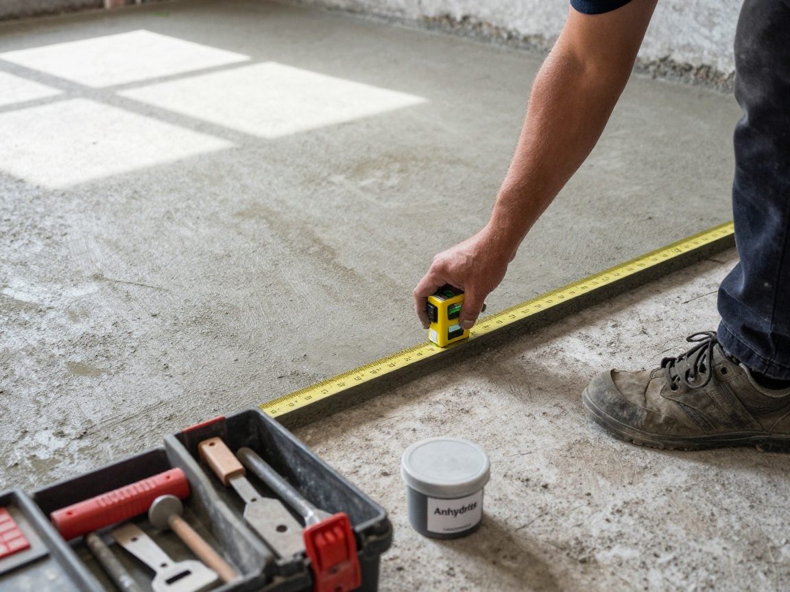 Messergebnis eines Bauarbeiters, der die Dicke einer bestehenden Zementestrichfläche mit einem Laserniveau misst – feine Aggregate und Farbvariationen sichtbar.