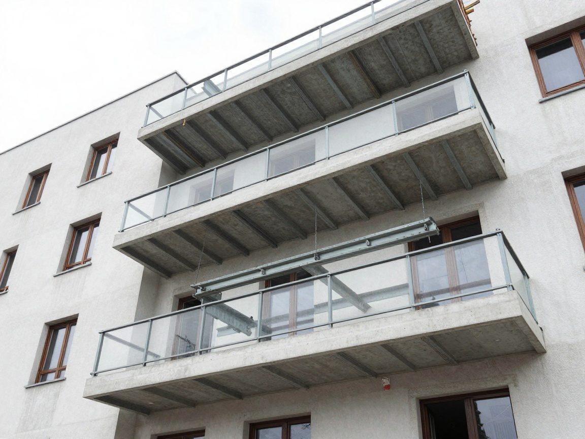 Neuer Balkon in Bau an einem modernen deutschen Wohnhaus – Stahlträger und Betonplatten werden zusammengefügt