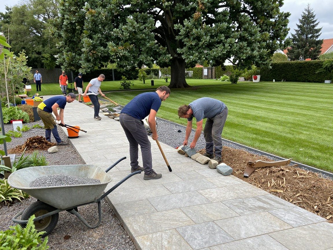 Arbeiter legen einen Natursteingeländerweg in einem gepflegten Garten, während ein Landschaftsgärtner die Arbeiten anleitet; daneben steht eine Schubkarre mit Kies und ein kleiner Komposthaufen.