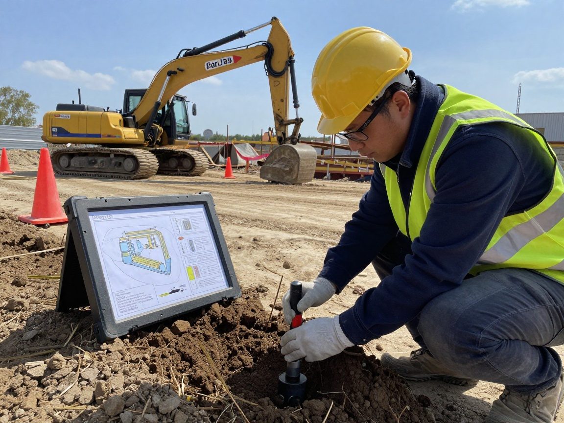 Ein Ingenieur verwendet ein Penetrometer zur Messung der Bodenverdichtung auf einer Baustelle, während ein geotechnisches Diagramm auf einem tragbaren Bildschirm angezeigt wird.