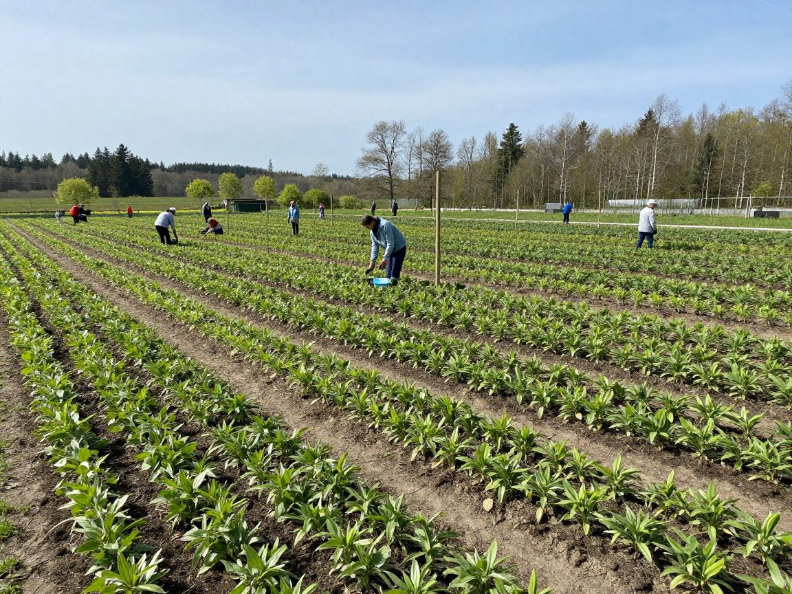 Blick auf eine deutsche Baumschule: Reihen frisch gepflanzter Setzlinge unter klarem Himmel, Arbeiter in leichten Jacken pflegen die Beete