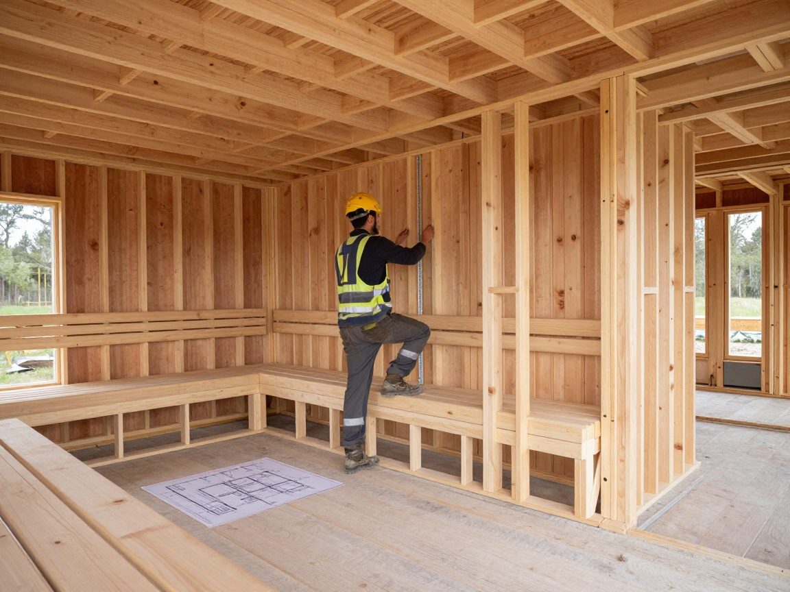 Weitwinkelaufnahme einer Baustelle in einer fertigen Sauna-Kabinett, Holzlatten werden montiert, Arbeiter mit Schutzhelm misst Wandhöhe