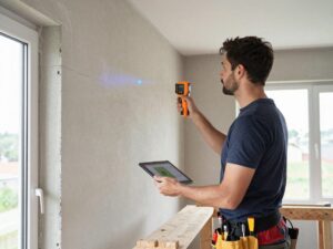 Bausanierer auf Holzgerüst, prüft Wandabschnitte mit Laser-Scanner und Feuchtigkeitsmessgerät