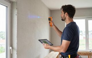 Bausanierer auf Holzgerüst, prüft Wandabschnitte mit Laser-Scanner und Feuchtigkeitsmessgerät