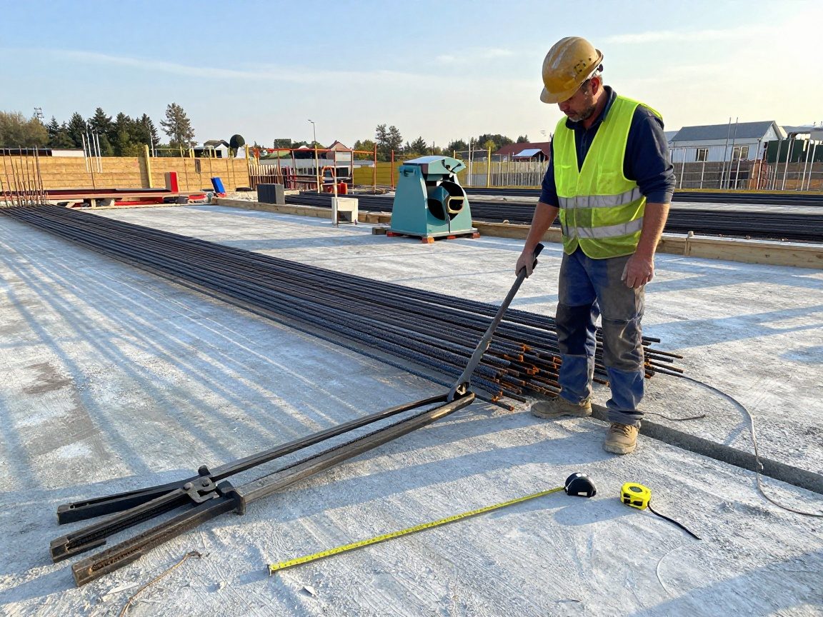 Erfahrener Baustahlarmierer in Schutzhelm und Warnweste schneidet Bewehrungsstäbe mit hydraulischem Cutter an einer Betonplatte