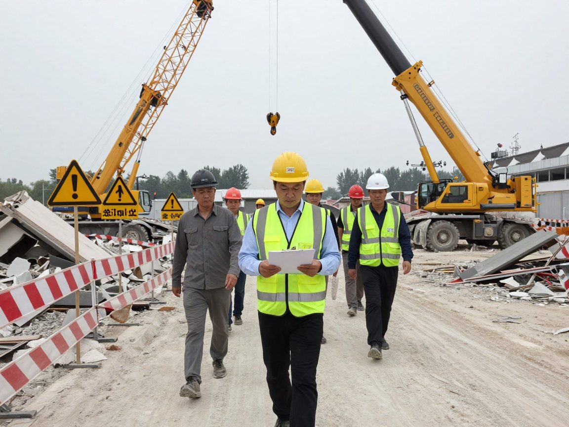 Sicherheitsleiter mit Hoch-Visibility-Weste führt Bauarbeiter durch Abbruchgelände, während ein Kran in Bewegung ist