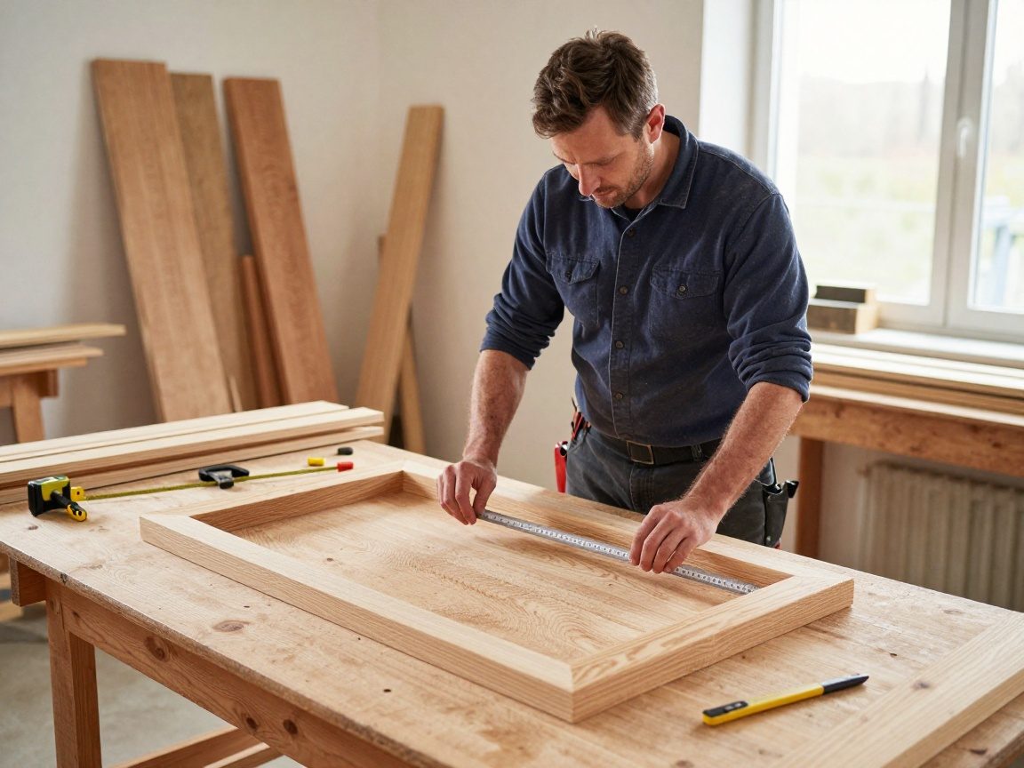 Bautischler prüft statische Berechnung – Schnell & sicher Deutscher Bautischler steht auf einer Holzbänke, umgeben von Eichenholz und Messwerkzeugen, während er eine Schablone hält