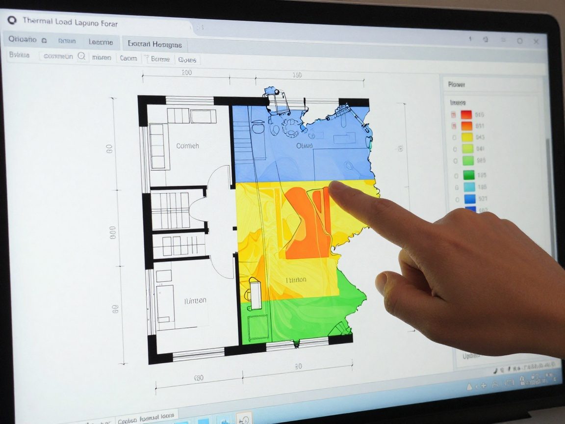 Detailaufnahme eines Computerbildschirms mit Wärmekarte eines deutschen Wohnungsplans, Hand zeigt auf Heiz- und Kühlzonen