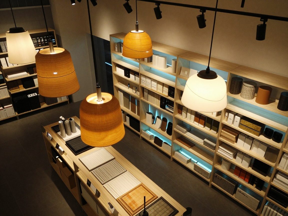 Überblicksaufnahme eines deutschen Ladens mit warmen Pendelleuchten, kühlen LED-Streifen an Regalen und Spotlights auf Produkten