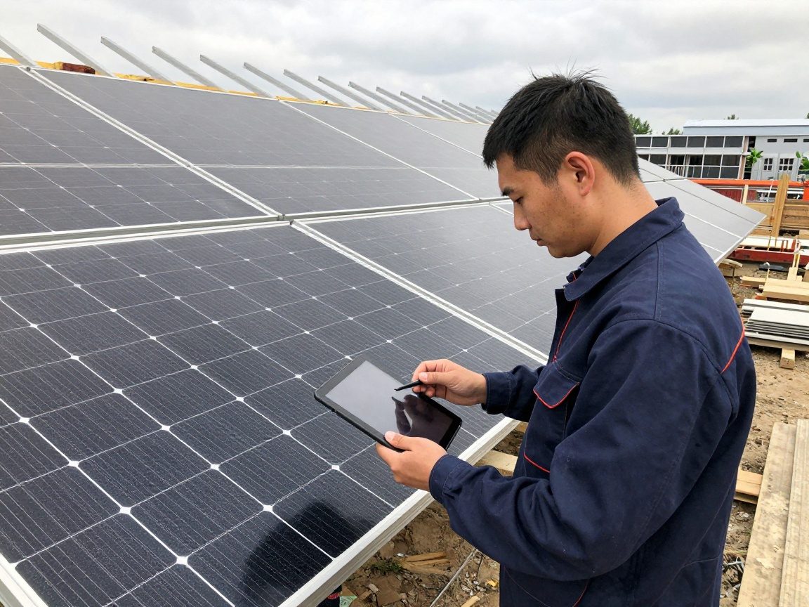 Techniker nutzt Tablet zur Berechnung der Solarpanelgröße auf einer Baustelle mit teilweise aufgebautem Dach und deutschen Baumaterialien