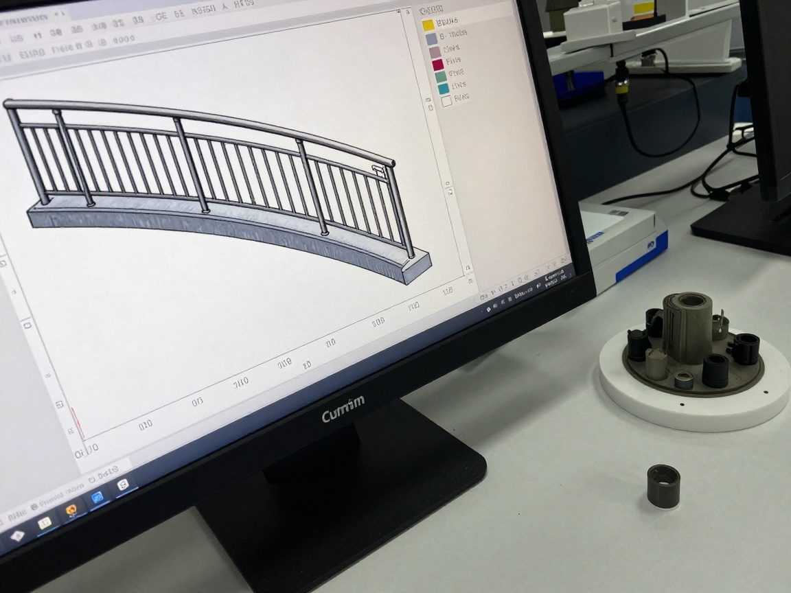Computerbildschirm mit FEM-Ergebnissen für ein gebogenes Geländer neben physischen Modellen auf einem Labortisch, realistisches Licht