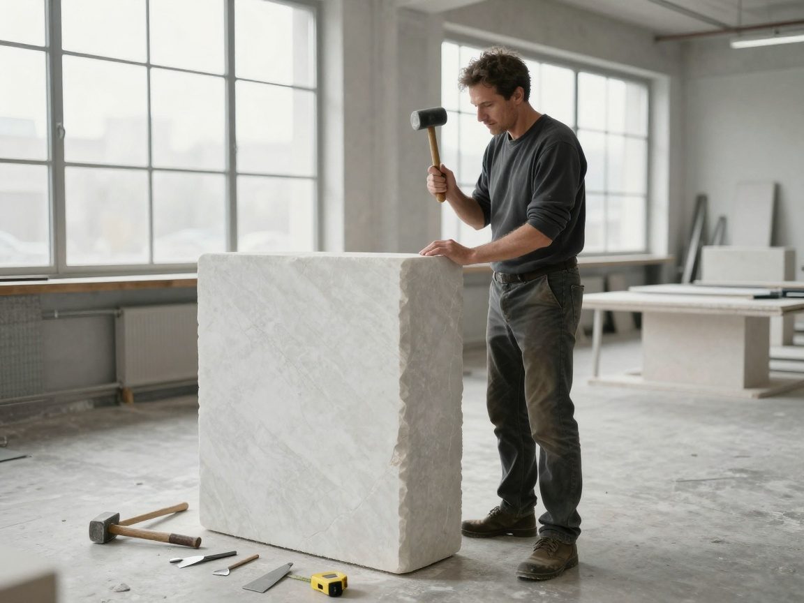 Bildhauer im modernen Werkstattraum – Steinmeißeln und natürliche Lichtführung Ein Bildhauer steht in einer deutschen Werkstatt neben einem großen Marmorbock, hält Meißel und Hammer, umgeben von Werkzeugen wie Schaufel und Maßband.