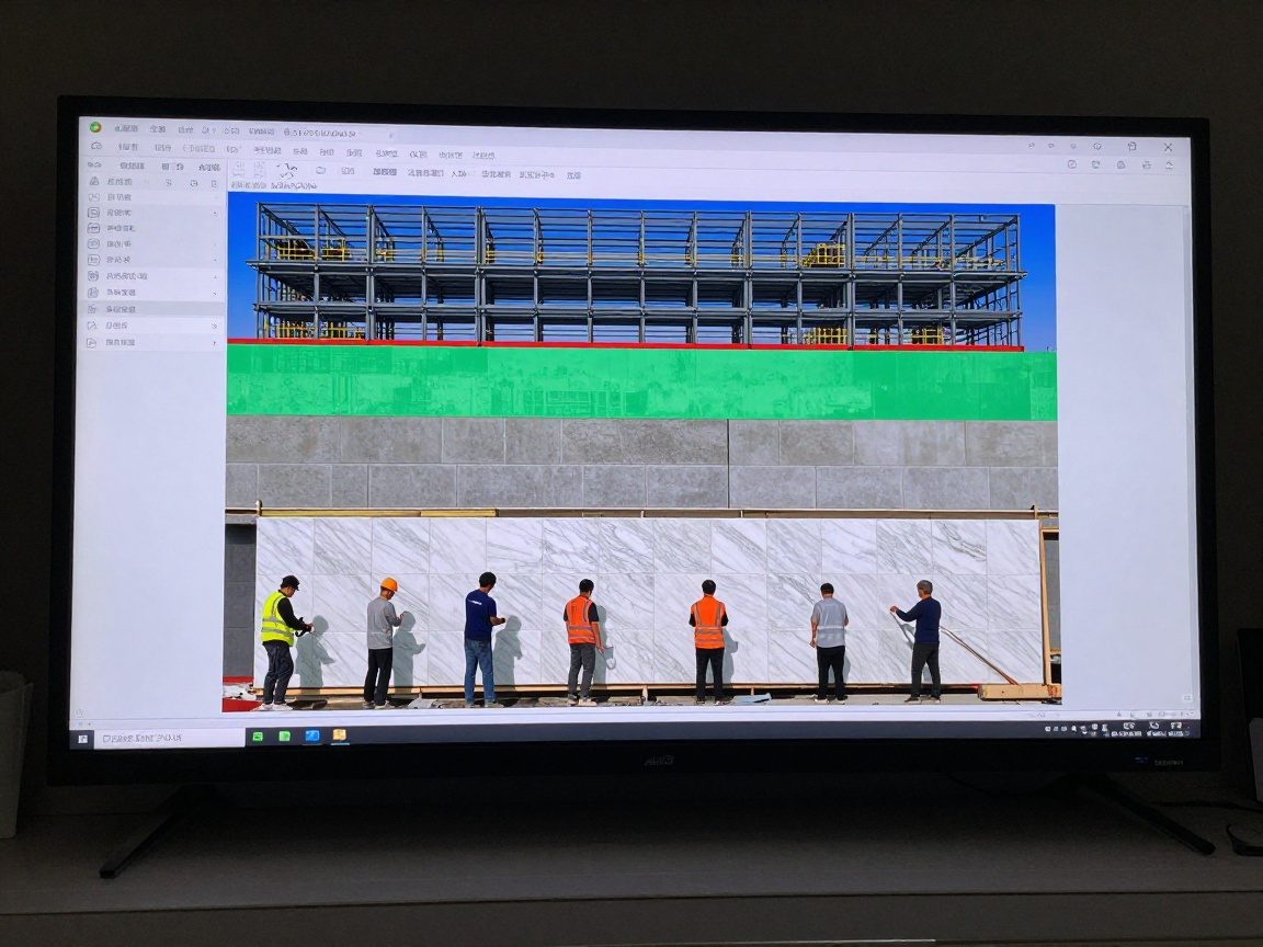 Bauarbeiter setzen eine Marmorfassade zusammen, während ein Bildschirm ein BIM-Modell mit Stahl, Beton und Marmor zeigt