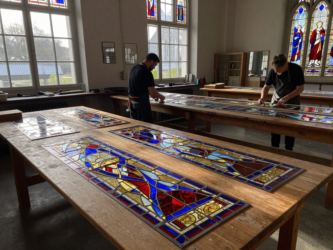 Bleiglas-Farbkonzept: 5‑Schritte & Lichttest Breites Bild eines traditionellen deutschen Bleiglas-Ateliers bei Morgendämmerung mit bunten Glasplatten, Holzarbeitsbänken und Handwerkern in Kitteln