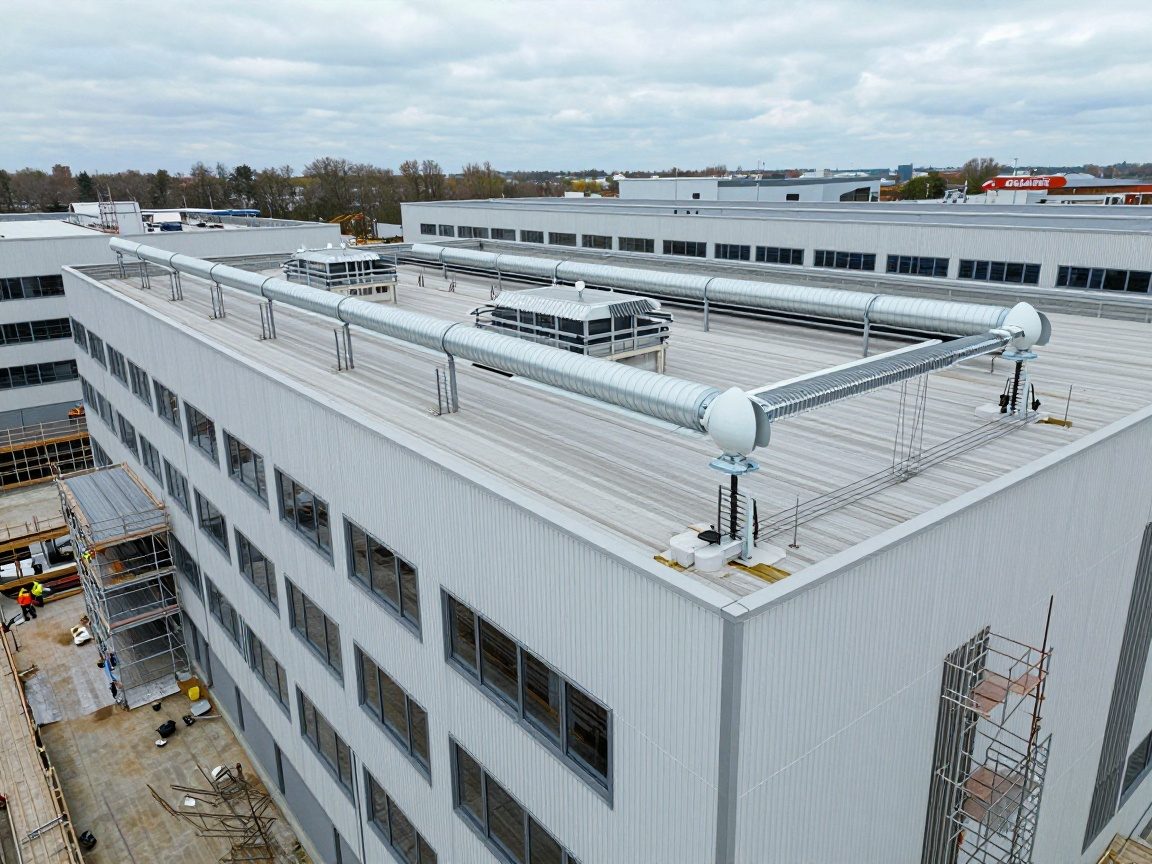 Detailzeichnung Blitzschutzanlage – CAD‑Tipps für Kosten Modernes deutsches Industriegebäude mit detaillierter Blitzschutzanlage: Luftleitern und Erdungsstäbe auf Dach und Wänden, umgeben von Gerüsten und Arbeitern in Schutzkleidung.