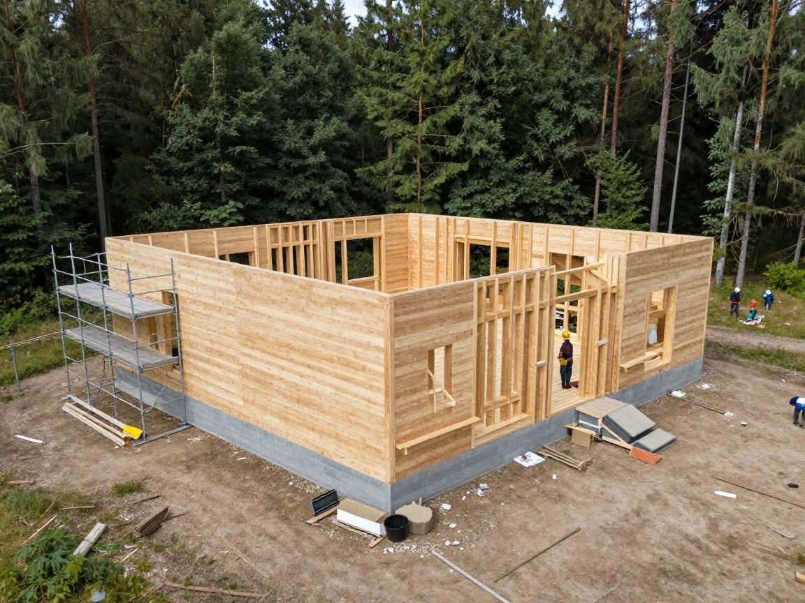 Blockhaus im Bau – Tragwerksplanung für Stabilität Weitwinkelaufnahme eines teilweise errichteten Blockhauses mit Holzwänden, Gerüsten und Arbeitern in Schutzhelmen auf einem deutschen Waldgrundstück
