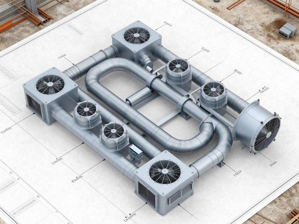 Realistisches 3D-CAD-Modell eines Lüftungsnetzes mit beschrifteten Ventilatoren, Rohren und Wärmetauschern aus der Vogelperspektive