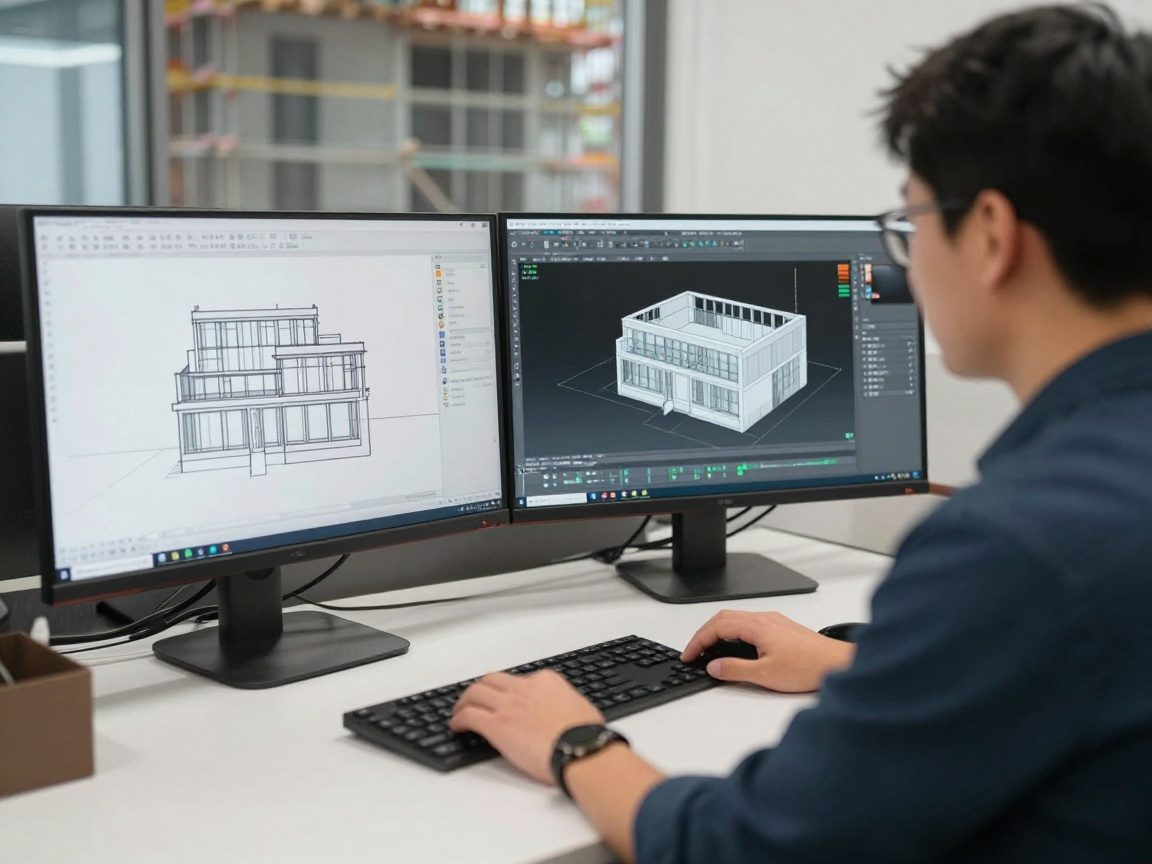 Ingenieur arbeitet an einem Schreibtisch mit zwei Monitoren, die 3‑D-Renderings und Materialangaben einer Gebäudefassade zeigen.