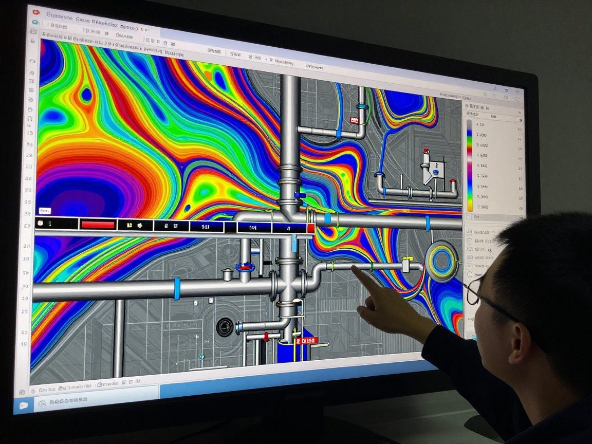 Techniker zeigt auf CFD-Bildschirm mit farbigen Strömungsmustern über komplexes Rohrsystem in Kontrollraum