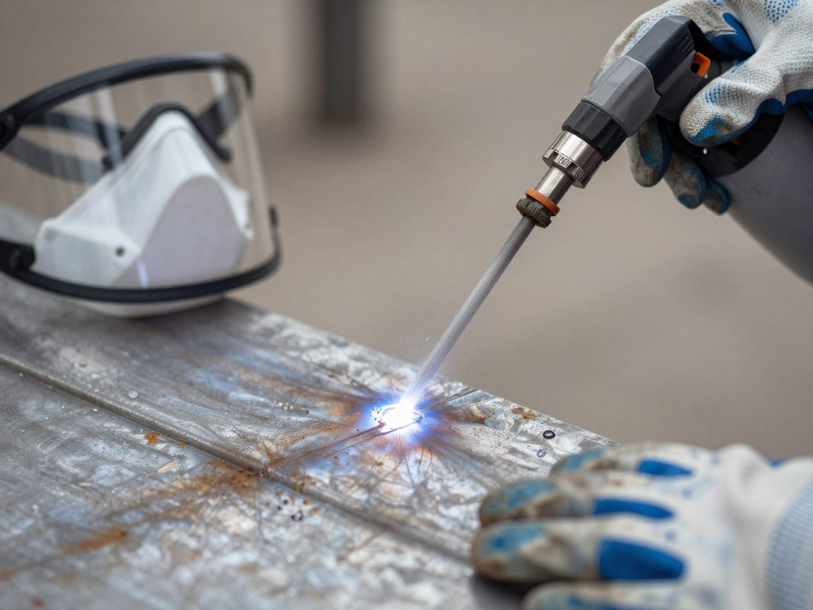 Nahaufnahme eines Sprühgeräts mit chemischem Rostentferner auf Stahloberfläche, Tropfen sichtbar, Schutzmaske und Handschuhe in Reichweite