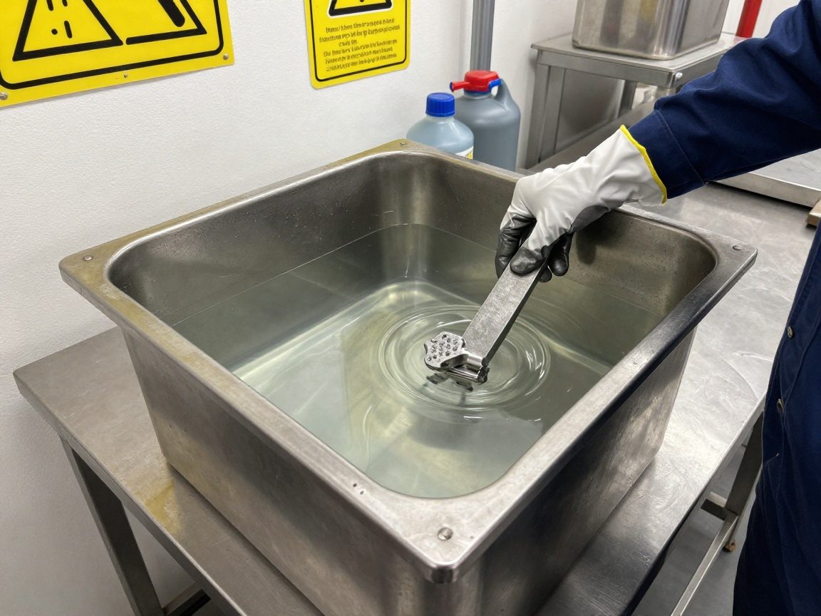 Stahlbehälter mit klarem Rostlöser, Arbeiter in Schutzhandschuhen taucht Stahlteil ein, Sicherheitszeichen im Hintergrund