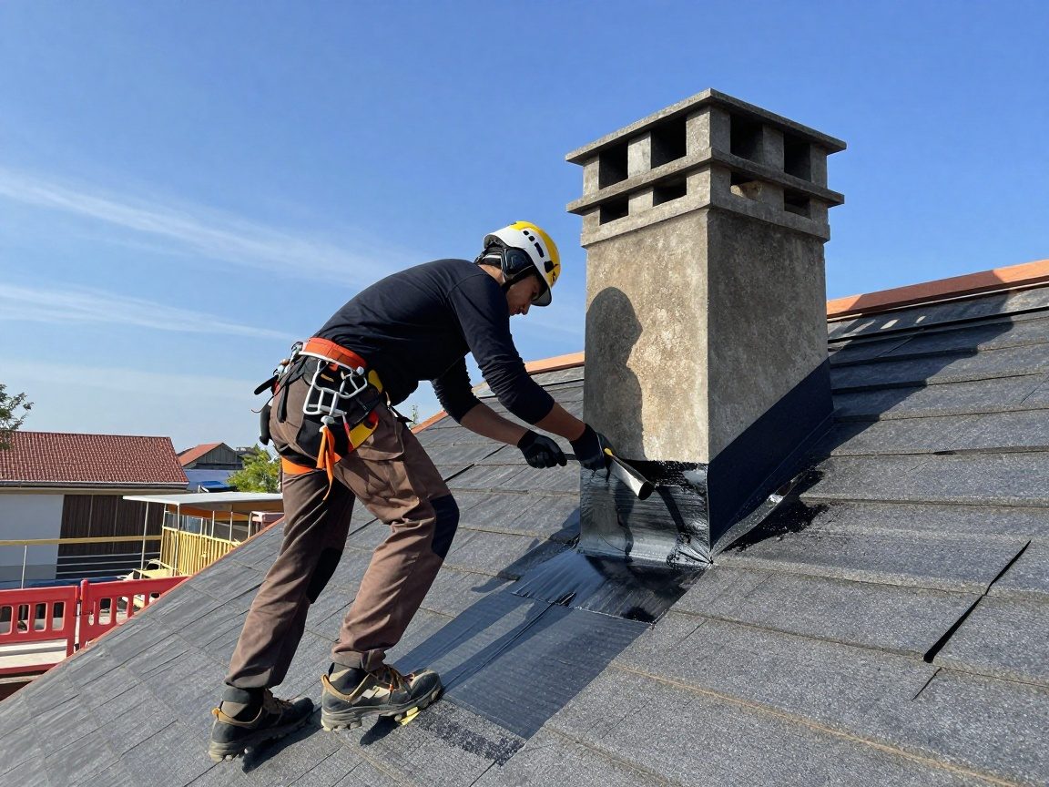 Deutscher Dachdecker in Schutzkleidung legt Bitumen-Dachfolie um einen Schornstein auf einem geneigten Dach, aufgenommen aus niedriger Perspektive