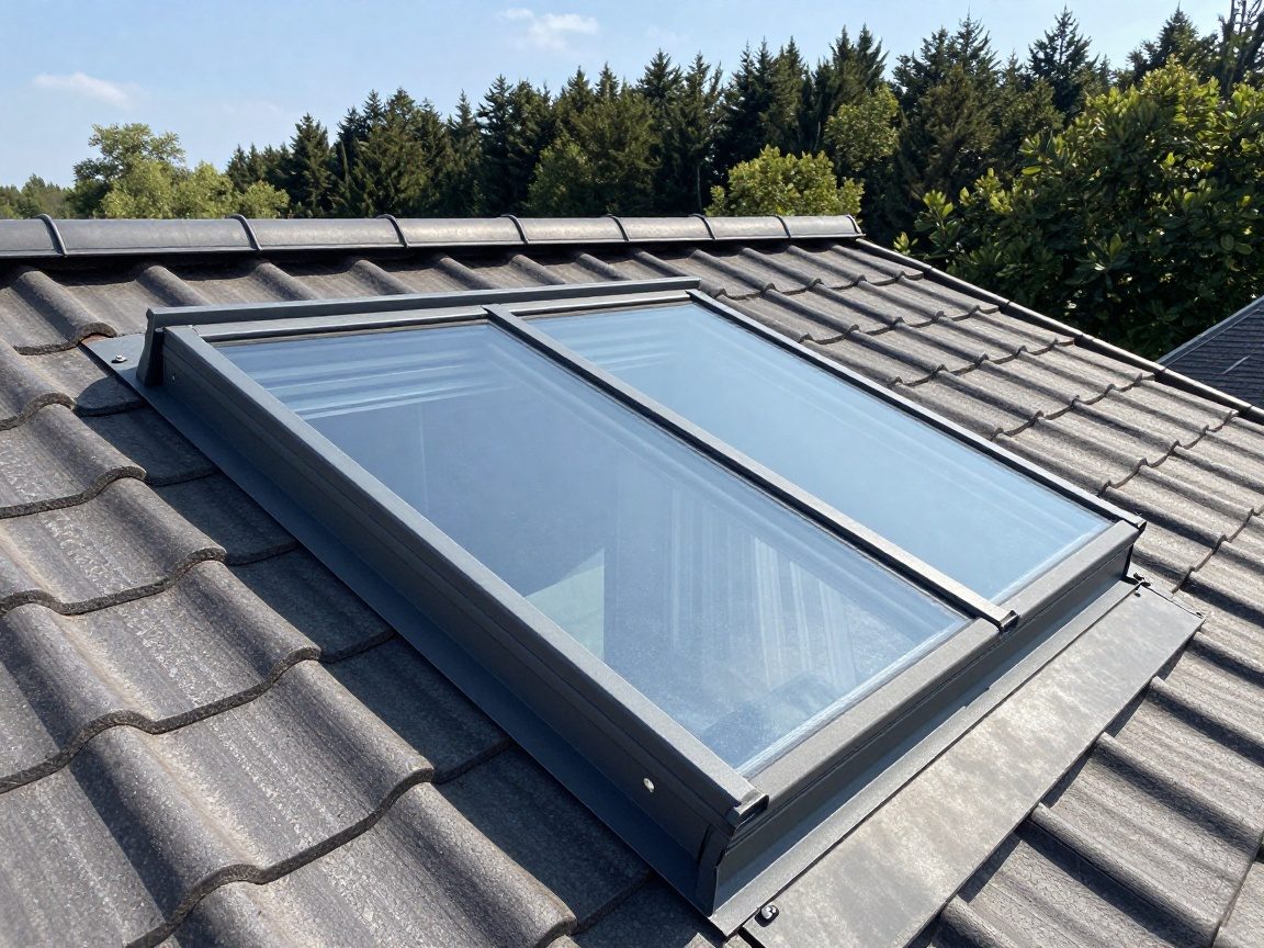 Dachfenster mit Wärmedämmglas – Heizkosten senken Modernes Dach eines deutschen Hauses mit einem großen, doppelt verglasten Dachfenster aus klarer Glasfolie und sichtbarer Isolationsschicht