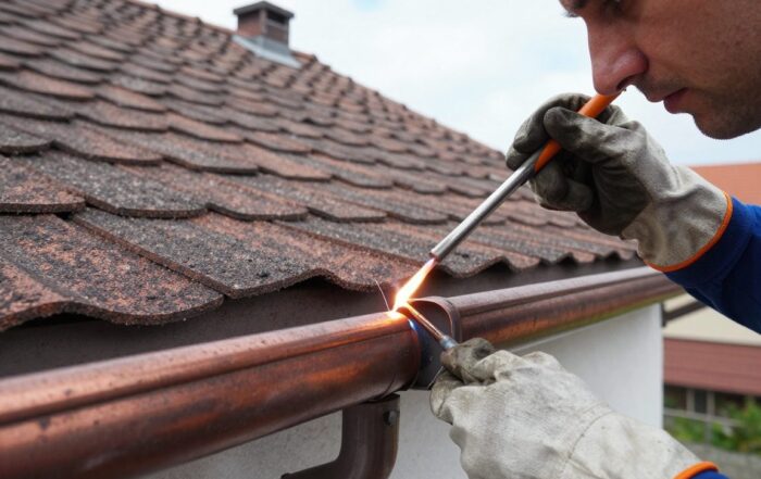Spengler beim Löten zweier Kupferdachrinnenabschnitte auf einem deutschen Dach, Schweißflüssigkeit fließt in die Nähte, konzentrierter Blick, Schutzhandschuhe
